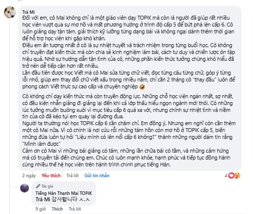 Bình luận Facebook của học viên Trà Mi gửi cô Thanh Mai