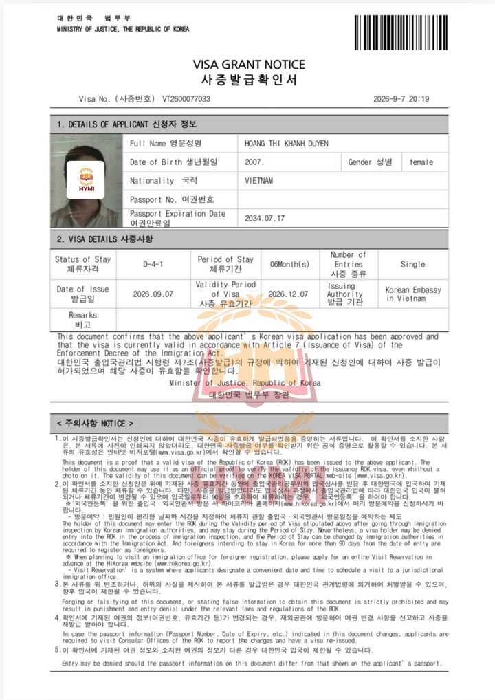 Giấy xác nhận cấp visa du học Hàn Quốc của học viên Hymi