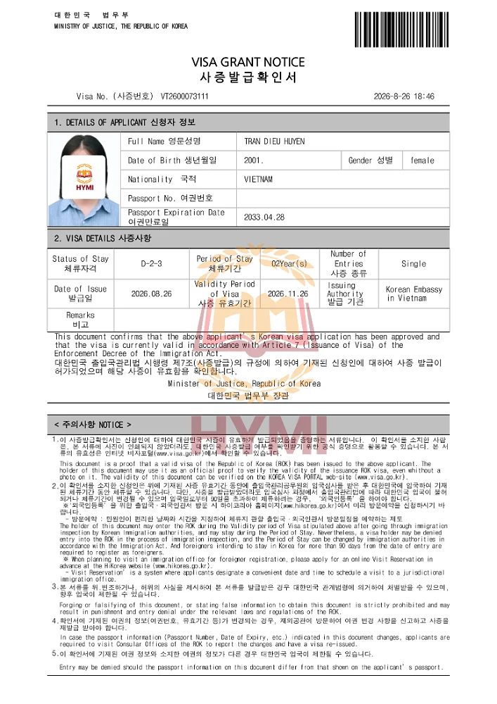 Chúc mừng học viên Hymi đậu trường Top 1 tại Seoul và nhận học bổng 50% trong 2 năm